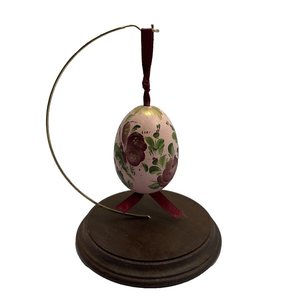 Vintage Hand Painted Pink Butterfly Flower Easter Egg Ornament w/Stand